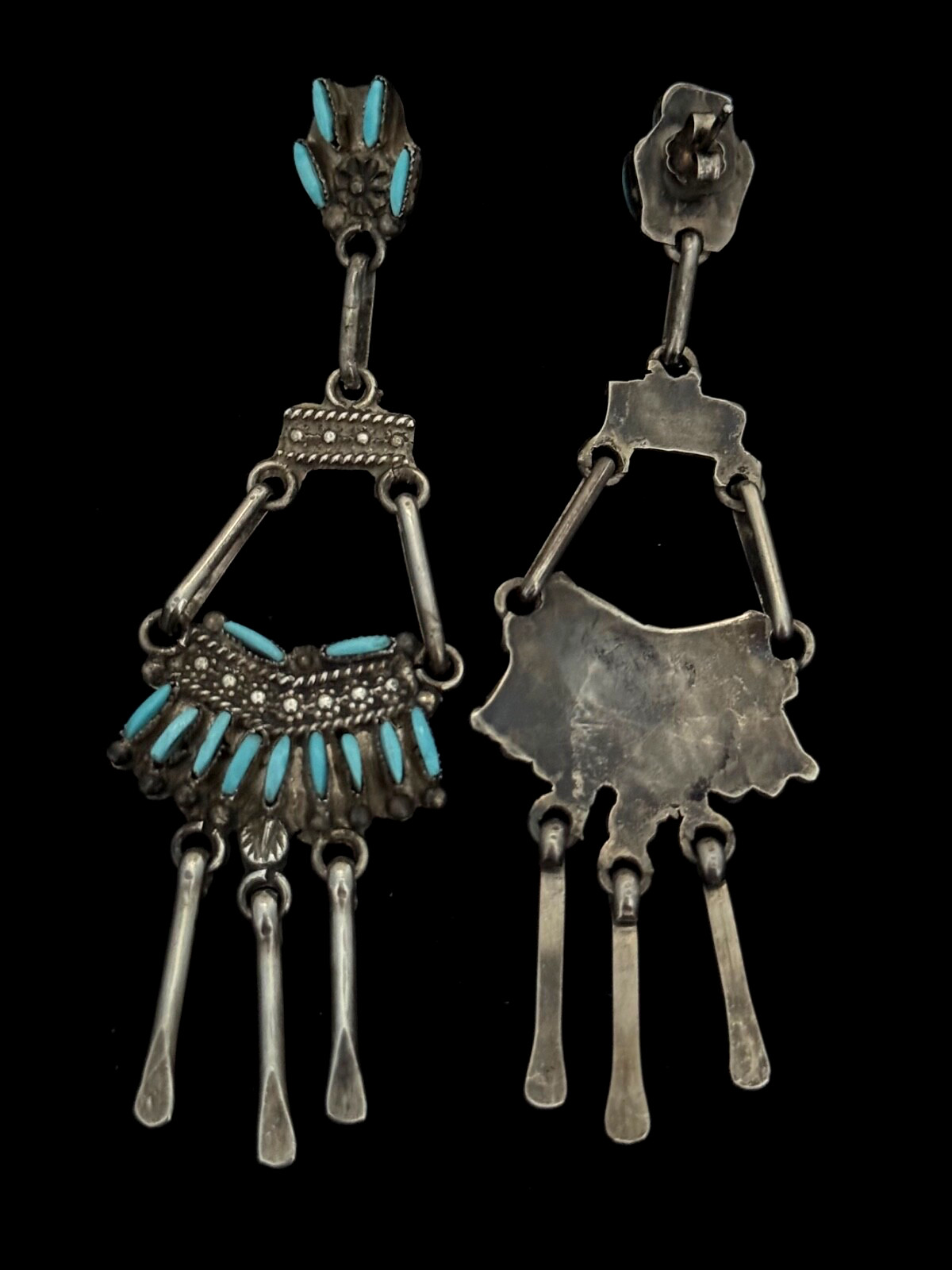 Vintage ZUNI Needlepoint Turquoise CHANDELIERS Sterling Dangle Earrings 3.75 in