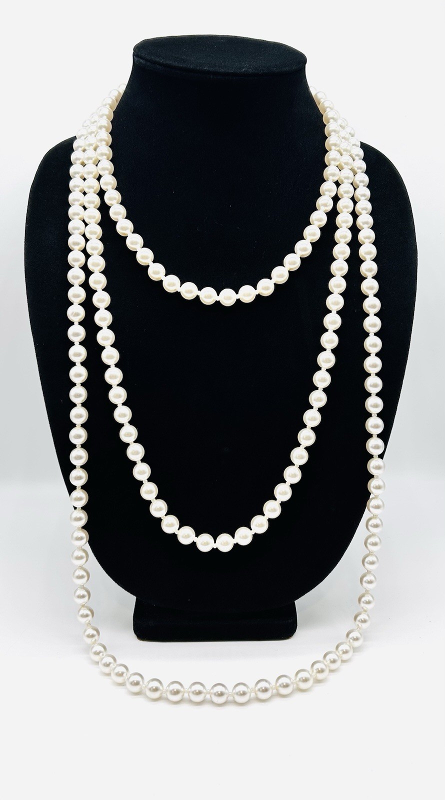 Vtg-TRIPLE STRAND-Multi-Length-FAUX PEARL NECKLACE-Gold Tone-Large Box Clasp
