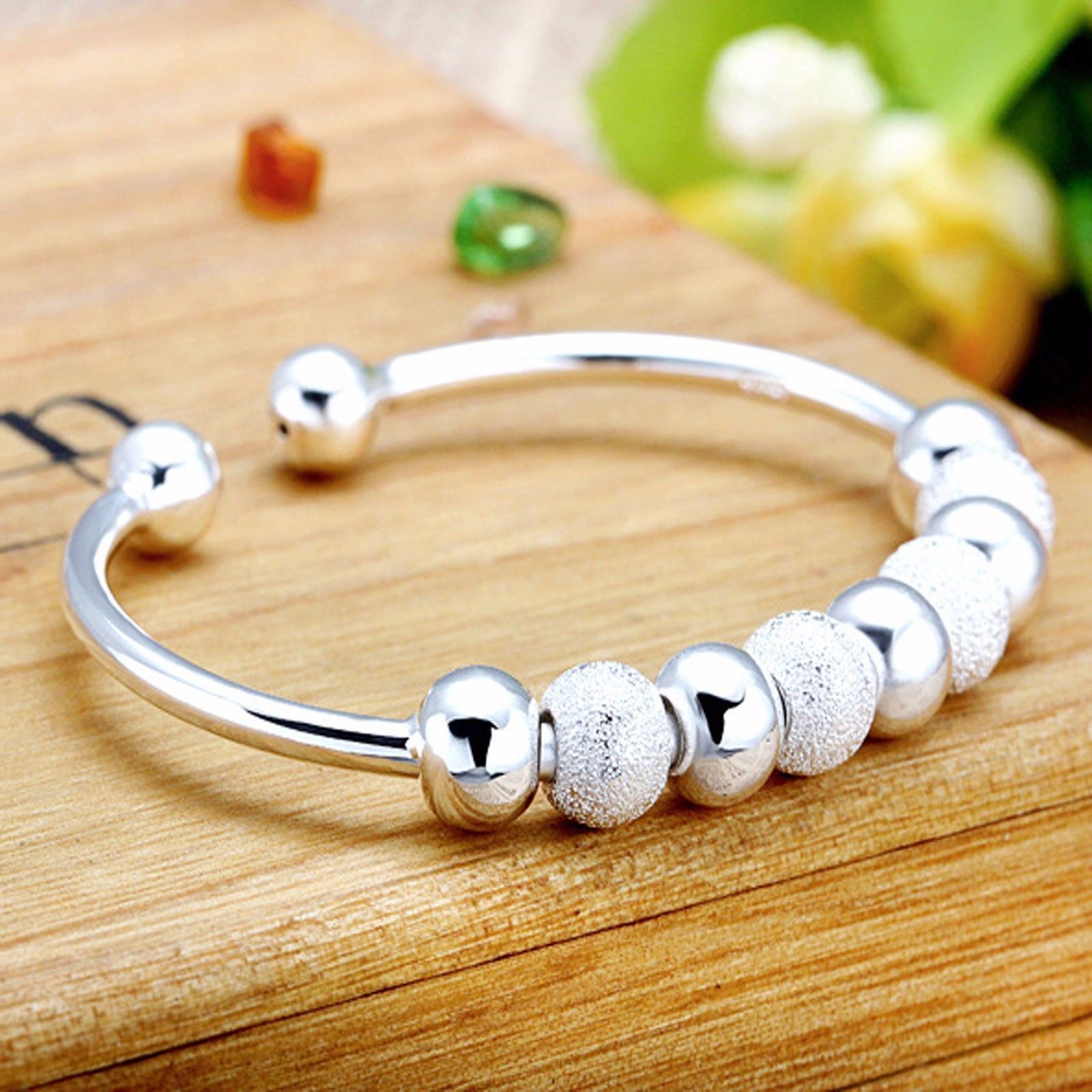 Women Fashion Jewelry 925 Silver Plated Beads Adjustable Cuff Bracelet 18-7