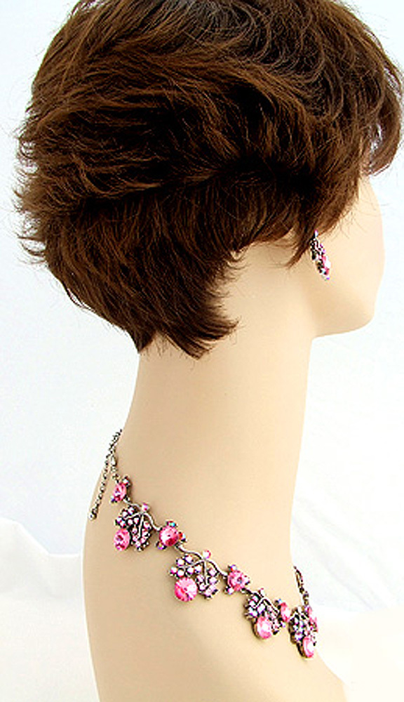 ONYX 18 in PINK A/B CRYSTAL NECKLACE PIERCED EARRINGS SILVERTONE JEWELRY SET NEW