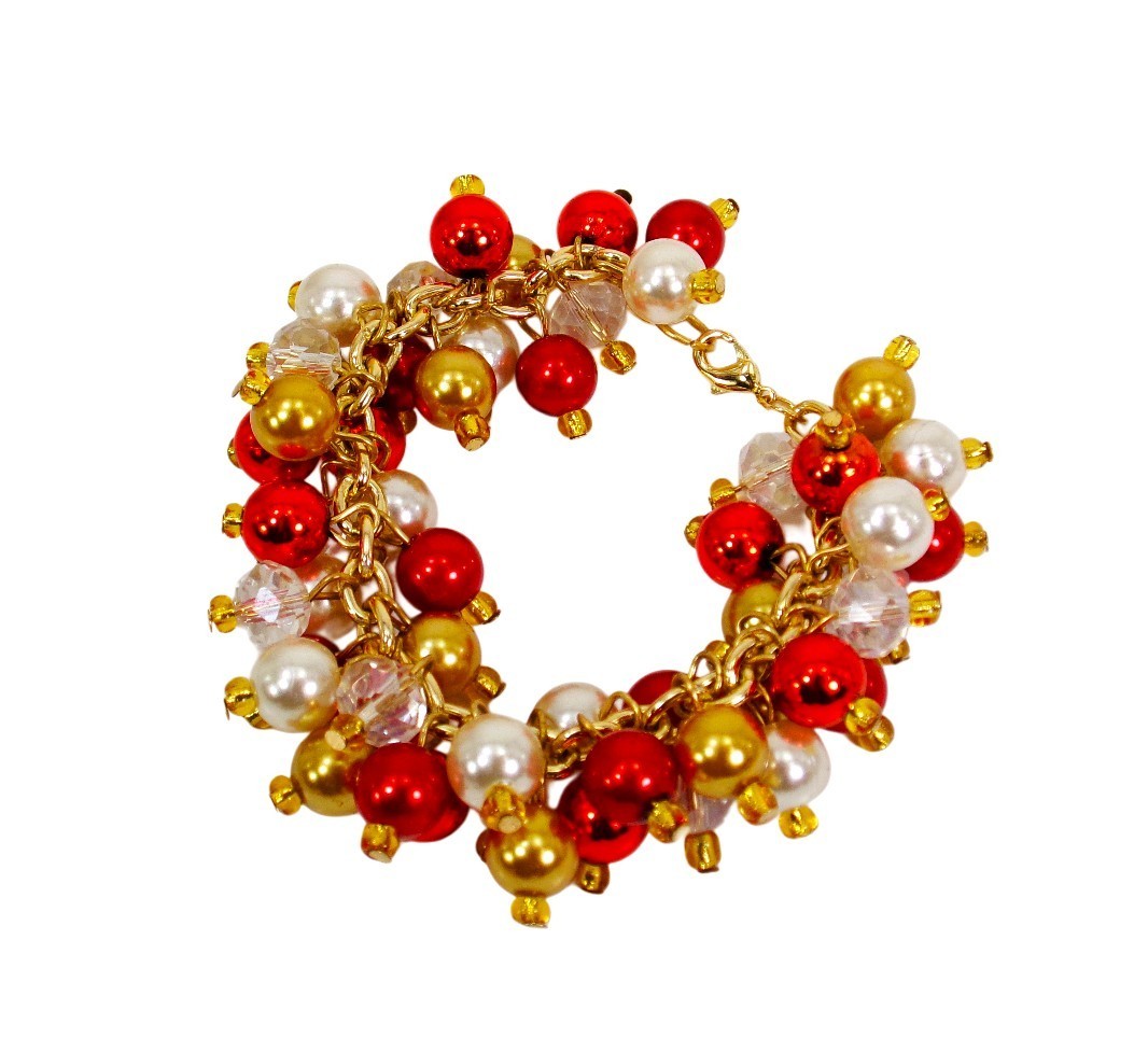 Colorful bead bracelet with red, gold, white pearl, and clear glass beads New