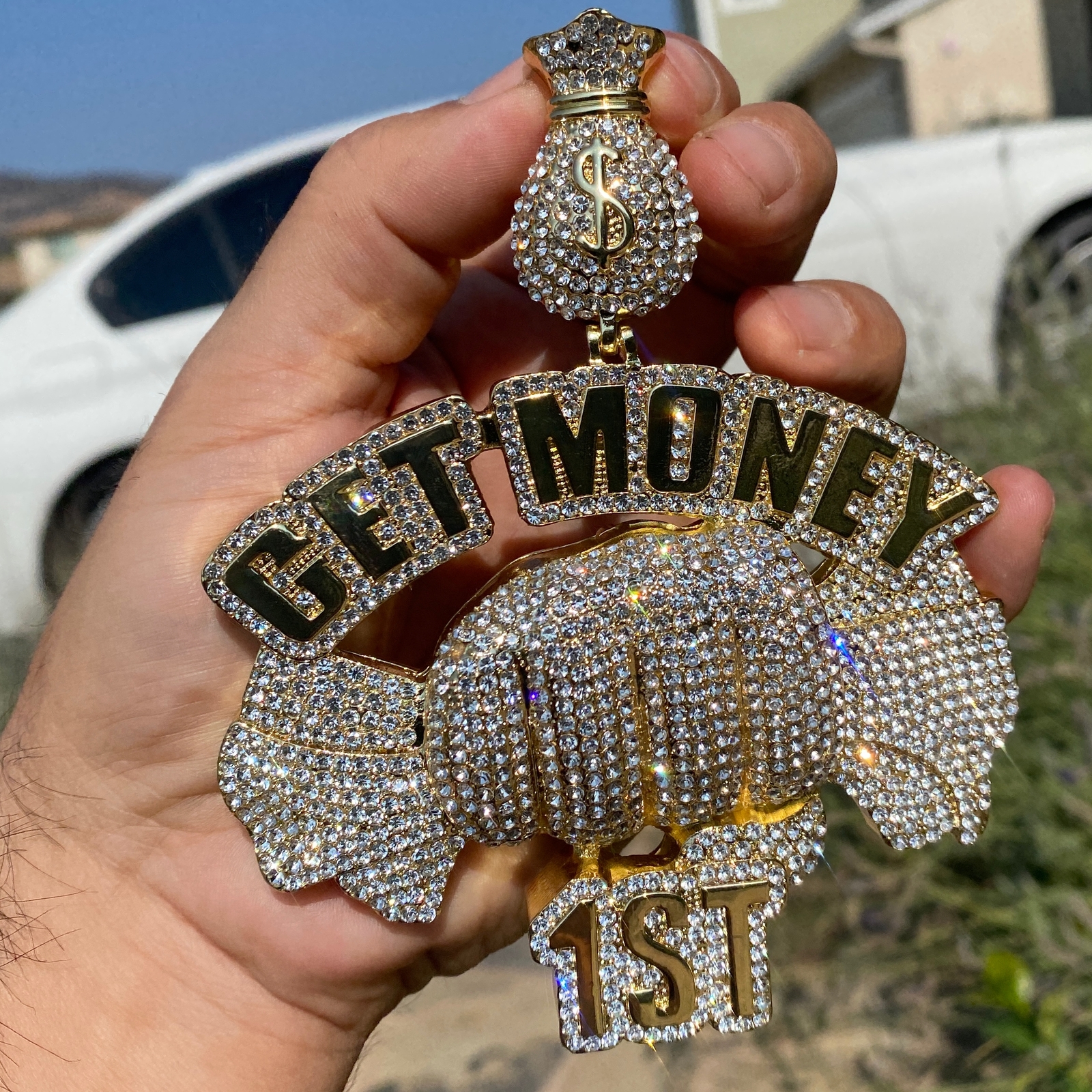 14K Gold Plated “Get Money 1st” Cash Fist Pendant Iced Bling Out Simulated CZ