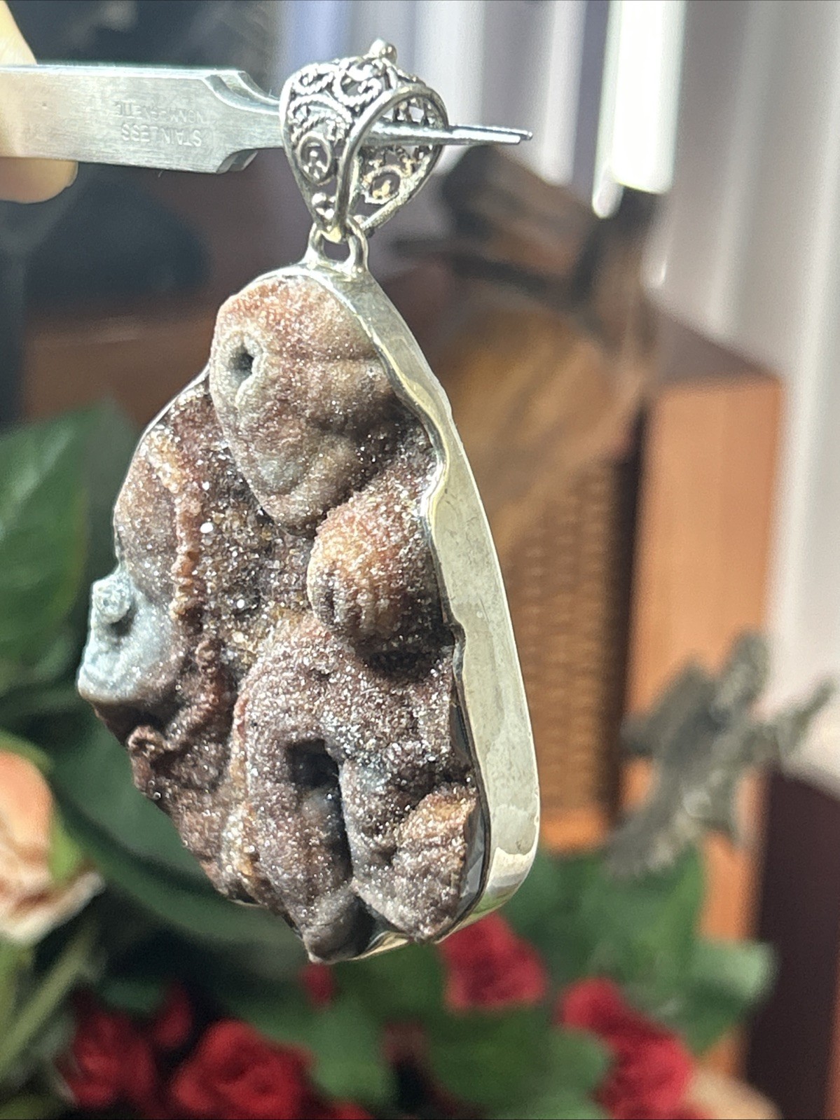 57. Vintage 925 Sterling Desert Chalcedony Druzy Crystal Pendant 85mm, 58.4g