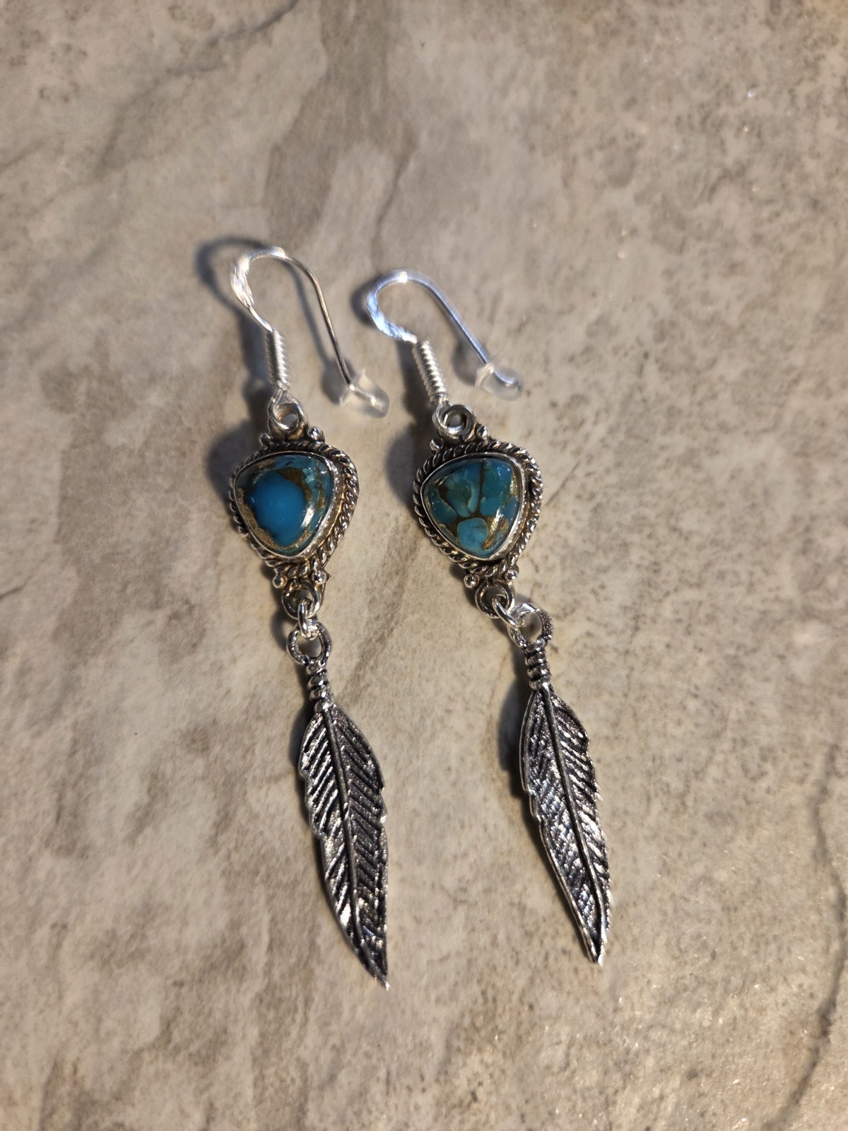Genuine Turquoise W/ Feather Sterling Silver Dangle Earrings E19