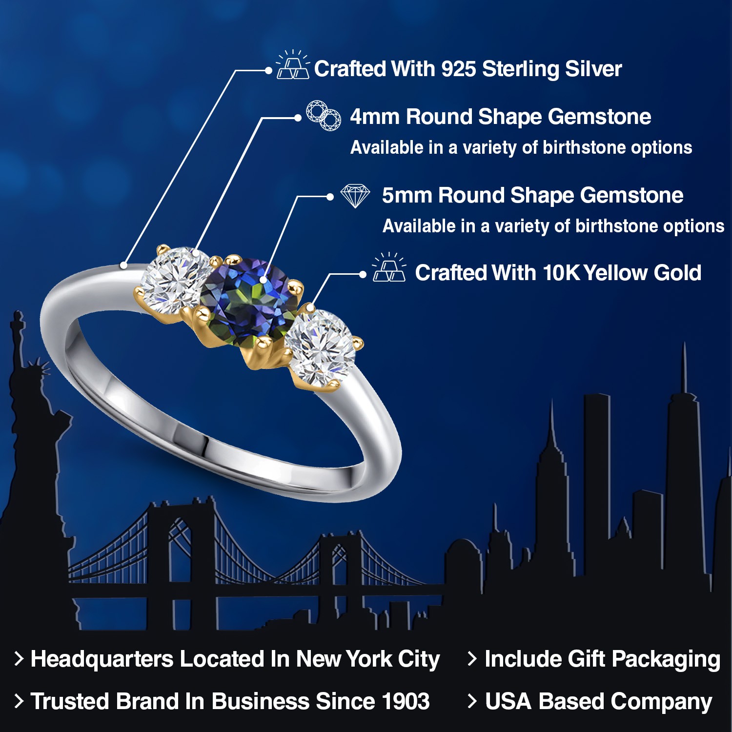 925 Silver and 10K Yellow Gold Blue Mystic Topaz and Lab Grown Diamond