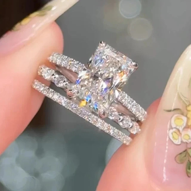 10x8mm Radiant Cut Moissanite Trio Engagement Ring Sets 14K White Gold Plated