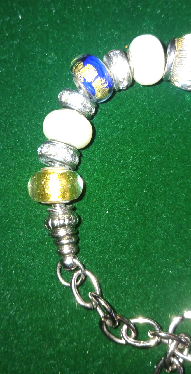 Bella Perlina Charm Bracelet in Blue, Silver, Yellow, Pearl Tone & Rhinestone bd