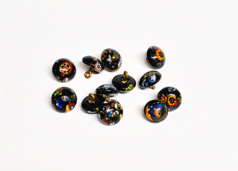 12 BLACK GLASS MILLEFIORE DESIGN BUTTONS * 10MM * VINTAGE GLASS * JAPAN
