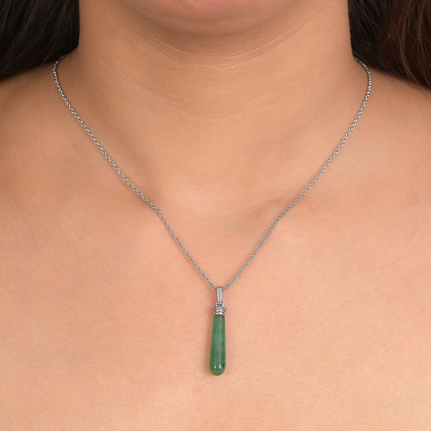 Green Aventurine 6.50 ctw Pendant Necklace in Stainless Steel 20 Inches