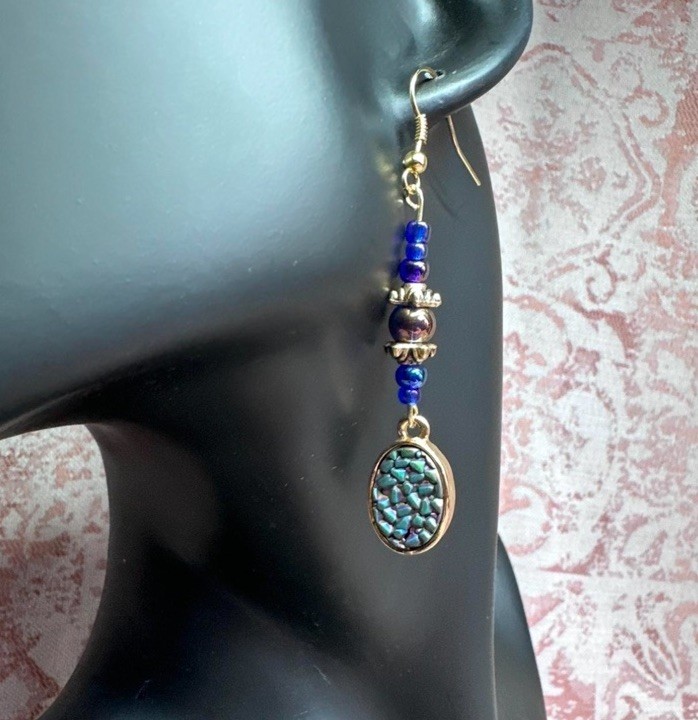handcrafted blue green gold abalone shell like beaded oval earrings