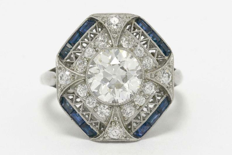 Antique Filigree Shield Design Lab-Created CZ With Blue Sapphire Art Deco Ring