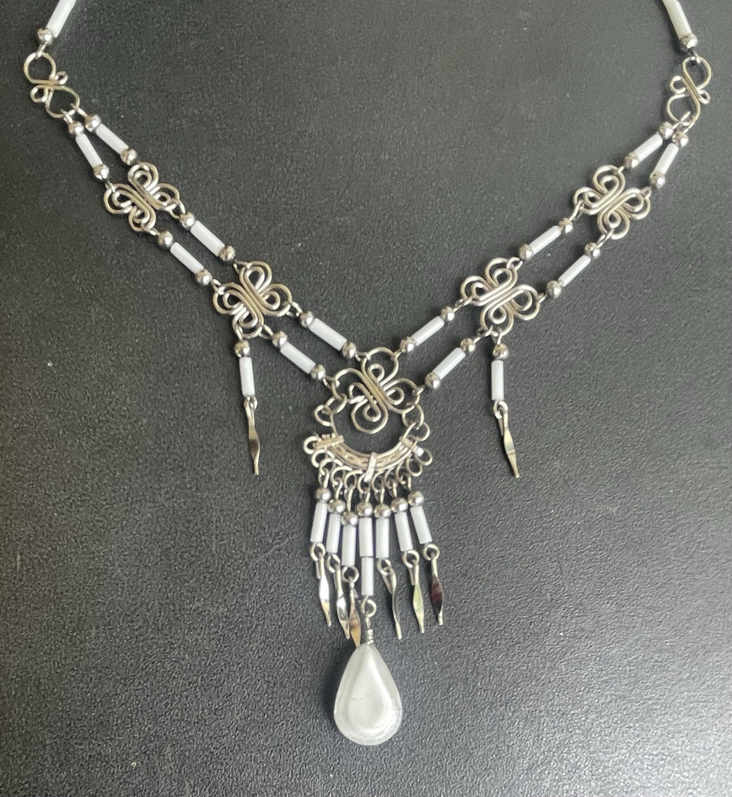 Peruvian White Glass Teardrop Necklace White Bugles Handmade Alpaca Silver Peru