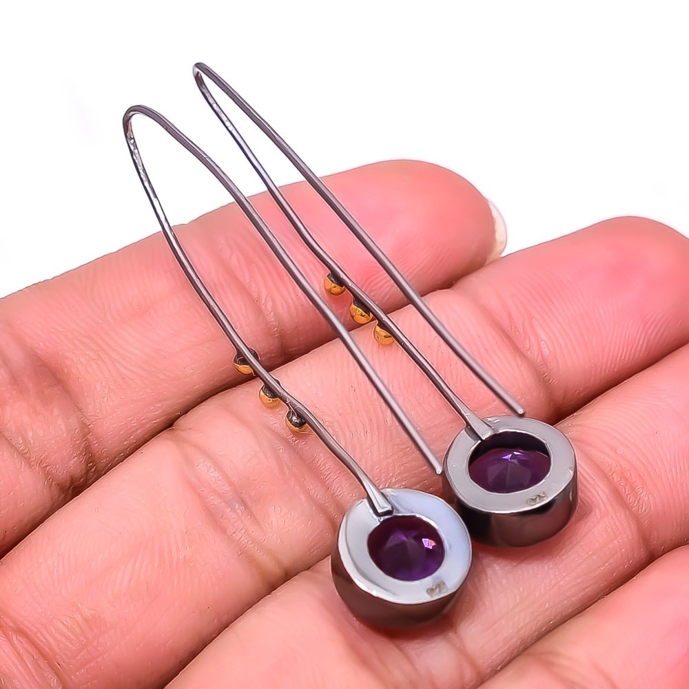 Purple Amethyst 925 Silver Black And Gold Rhodium Plated Earring 1.95″ E31