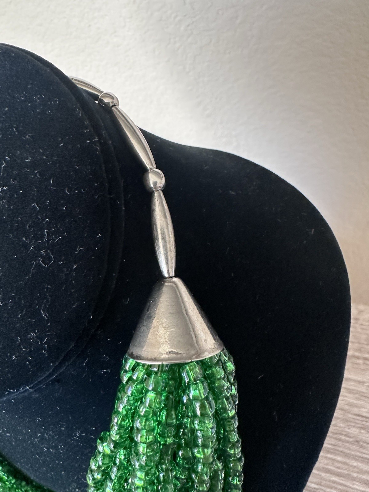 Vintage Southwestern Multi Strand Green Glass Seed Bead Necklace Silver Tone