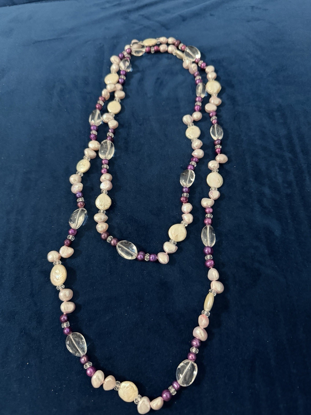 VTG 46’ Purple, Lavander, White Pearls & Clear Crystal Necklace