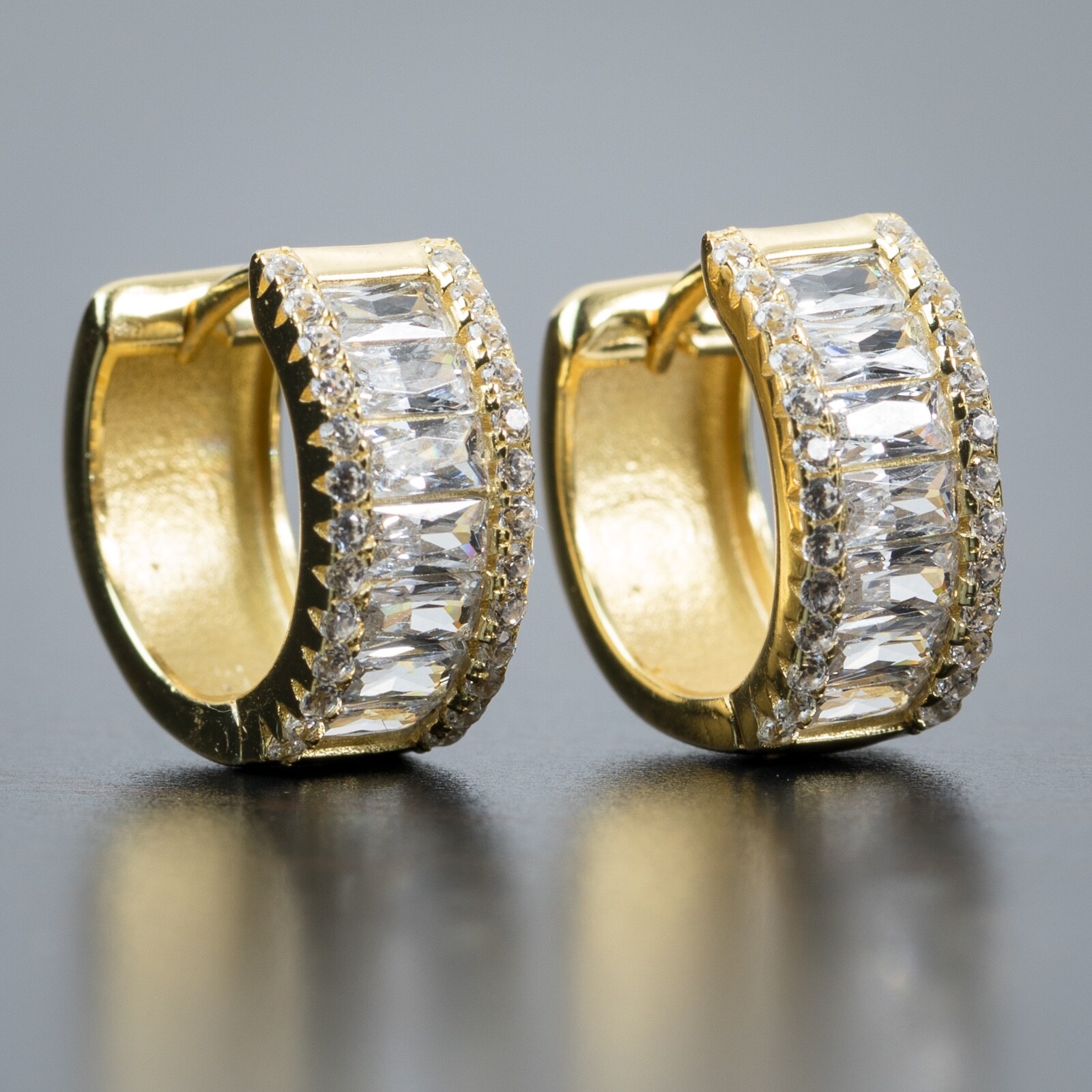 14K Gold Plated Men’s Thick 925 Sterling Silver Iced Cz Baguette Hoop Earrings