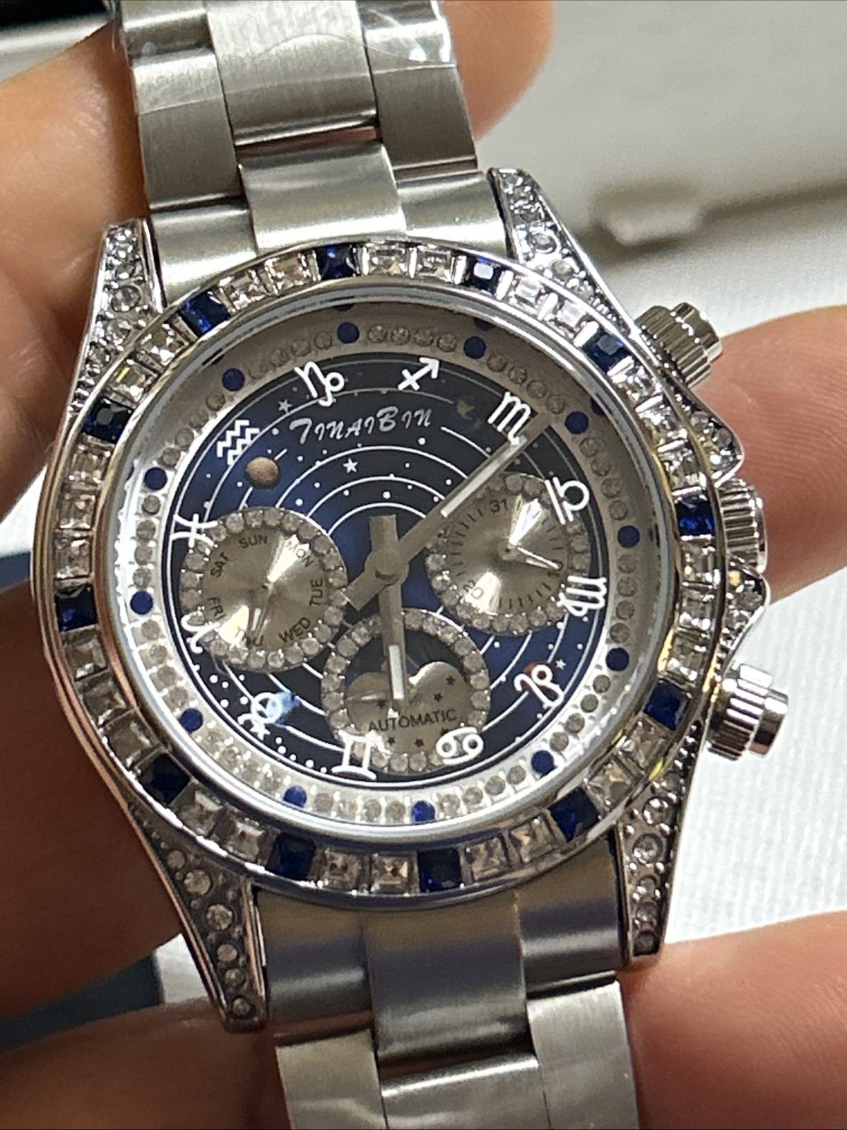 Stunning Celestial Blue Starry Dial Automatic Luxury Watch Blue Stainless