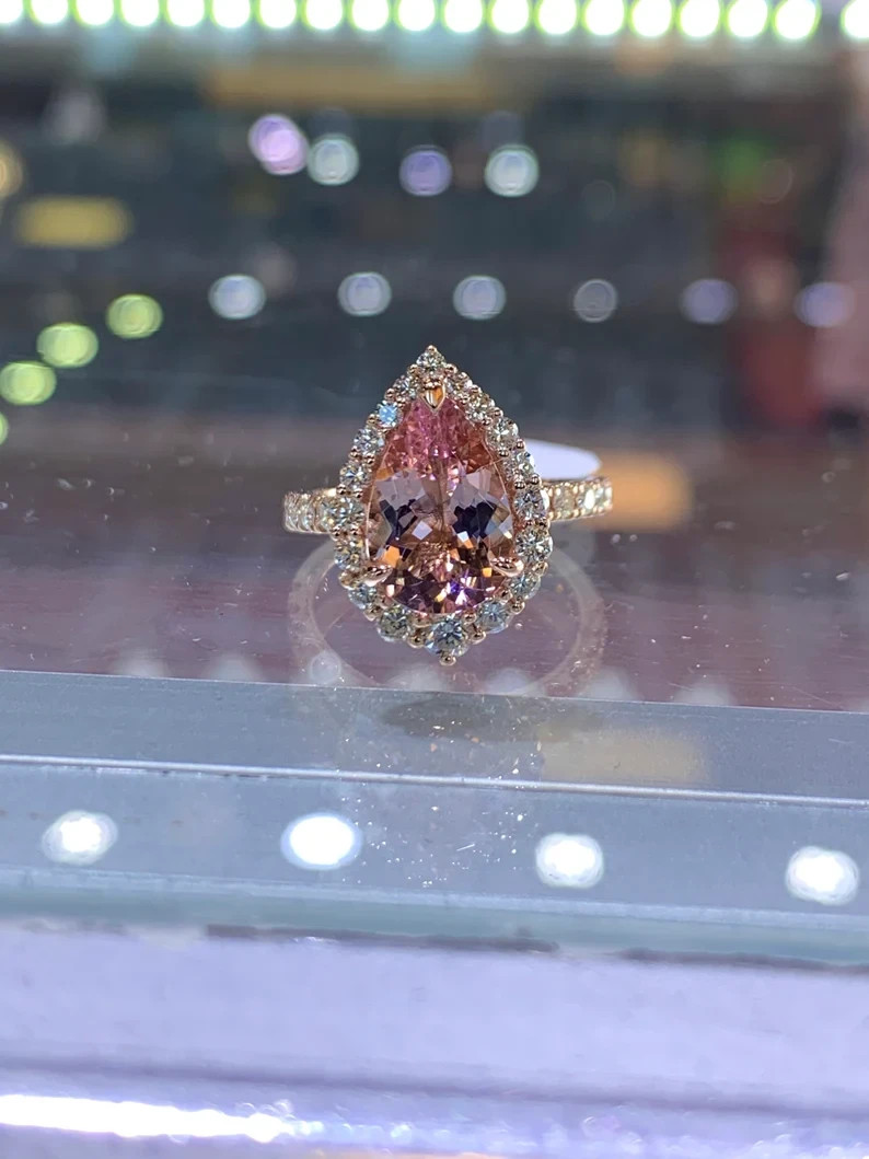3.20Ctw Pear Cut Lab-Created Morganite Engagement Ring 14K Yellow Gold Plated