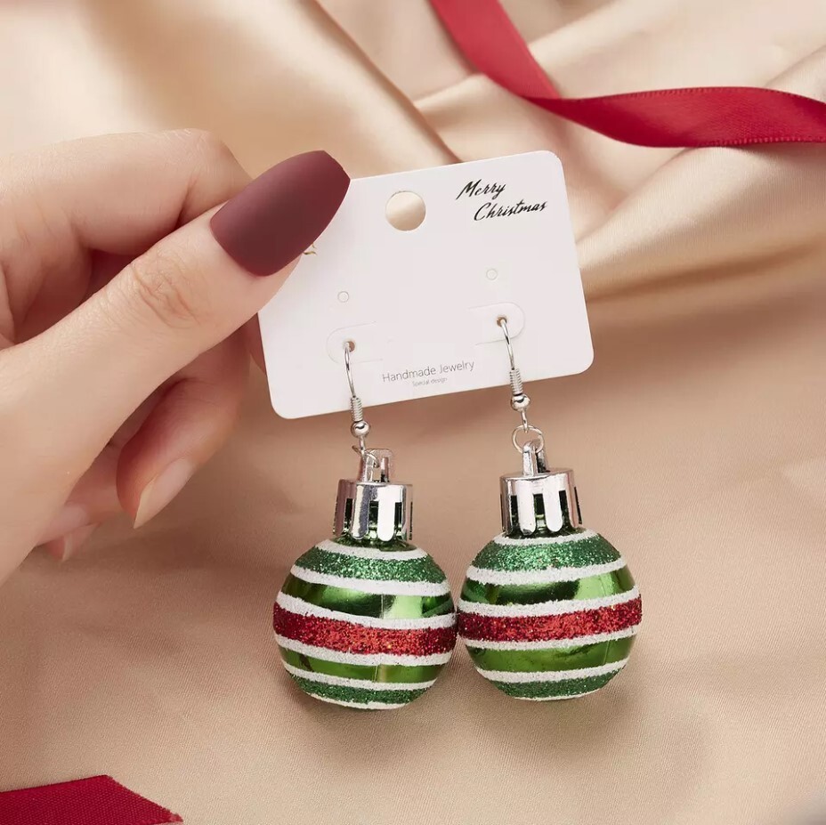 Christmas Ornament Earrings – Green, Red and White Stiped Christmas Tree Baubles