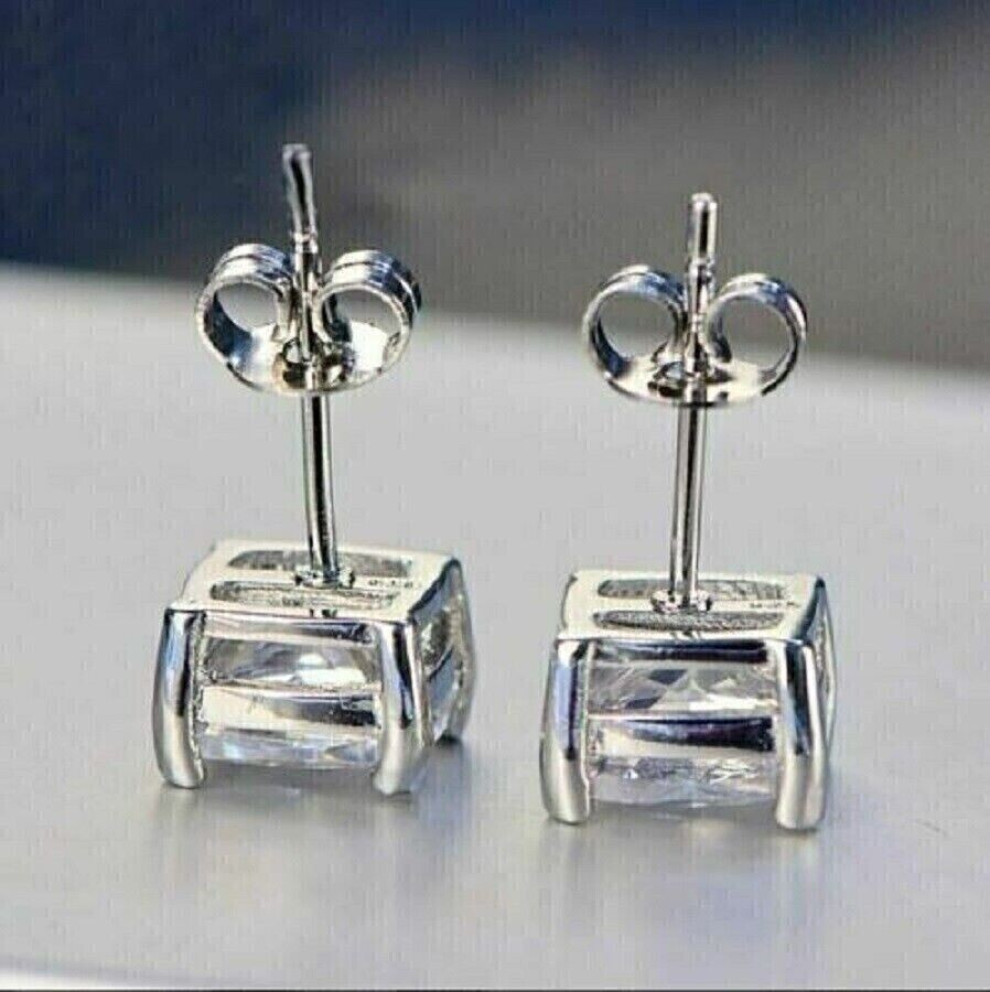 3Ct Cushion Lab Created Diamond Solitaire Stud Earrings 14K White Gold Plated