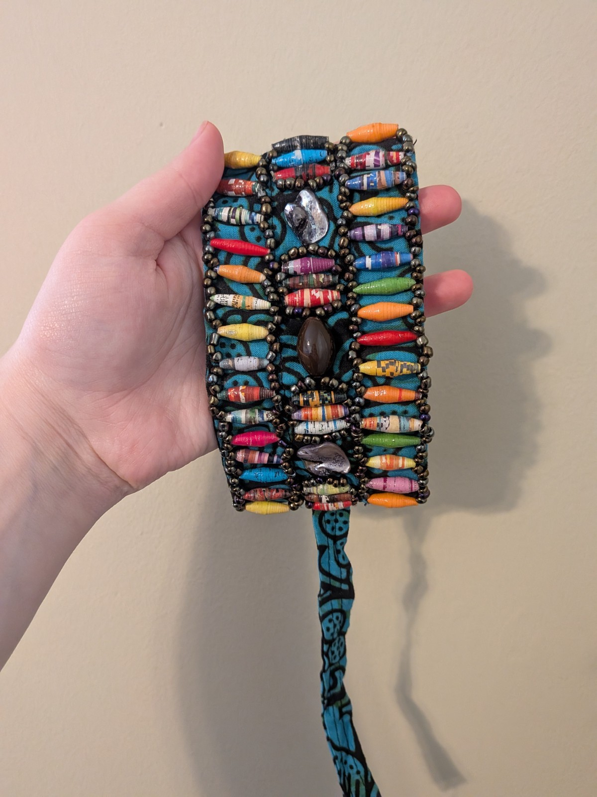 Handmade African Paper Bead Cuff Bracelet Multicolor Fabric Wrap Adjustable Boho