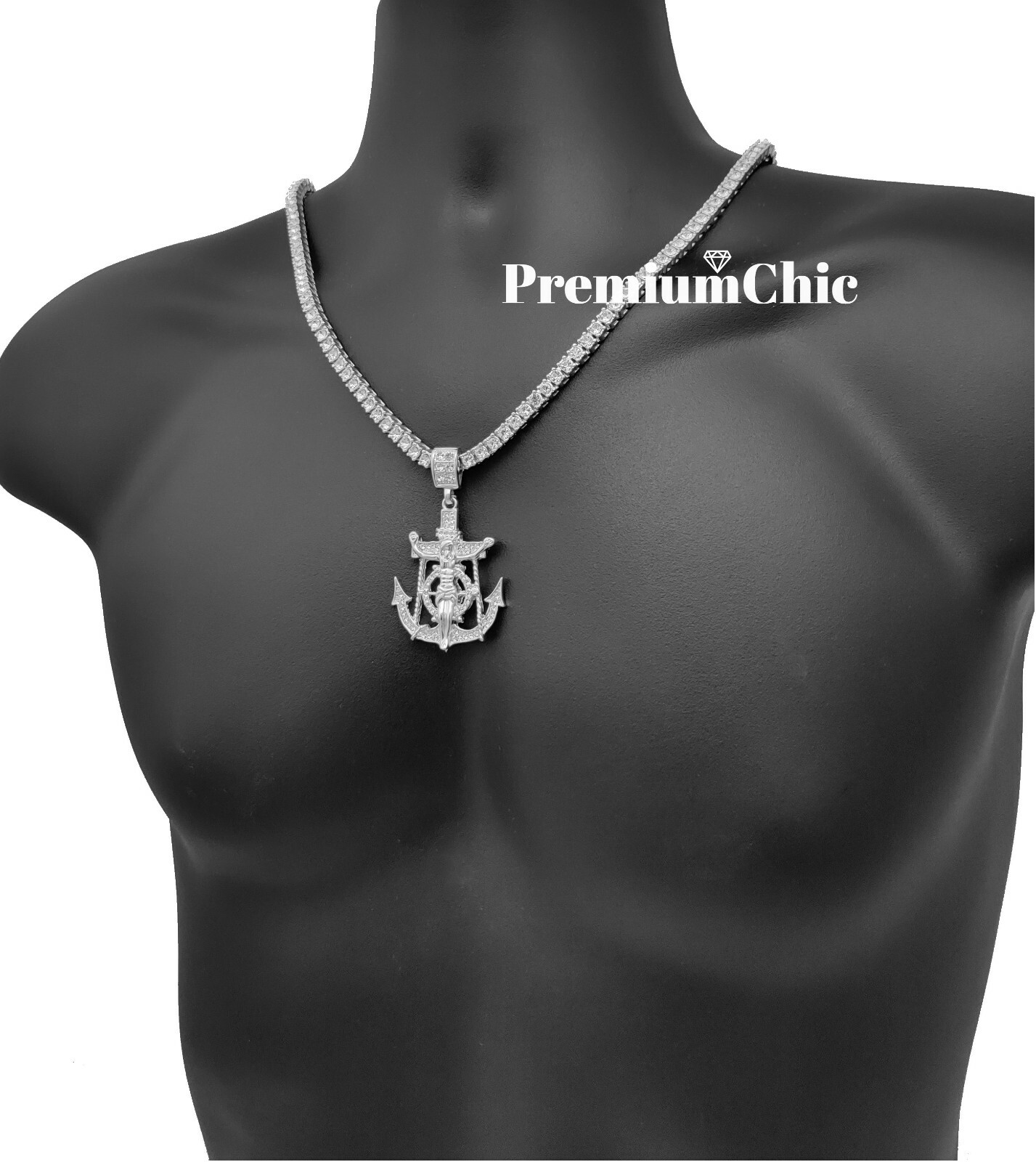 ICED Jesus Anchor & 5MM Tennis Chain Choker Plated Mens Hip Hop CZ Necklace