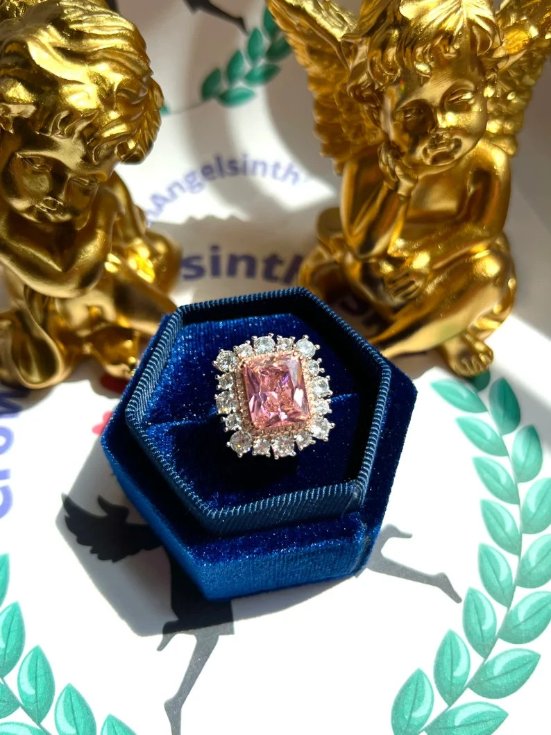 4.90Ct Cushion Cut Natural Pink Sapphire & Diamond 14K White Gold Wedding Ring
