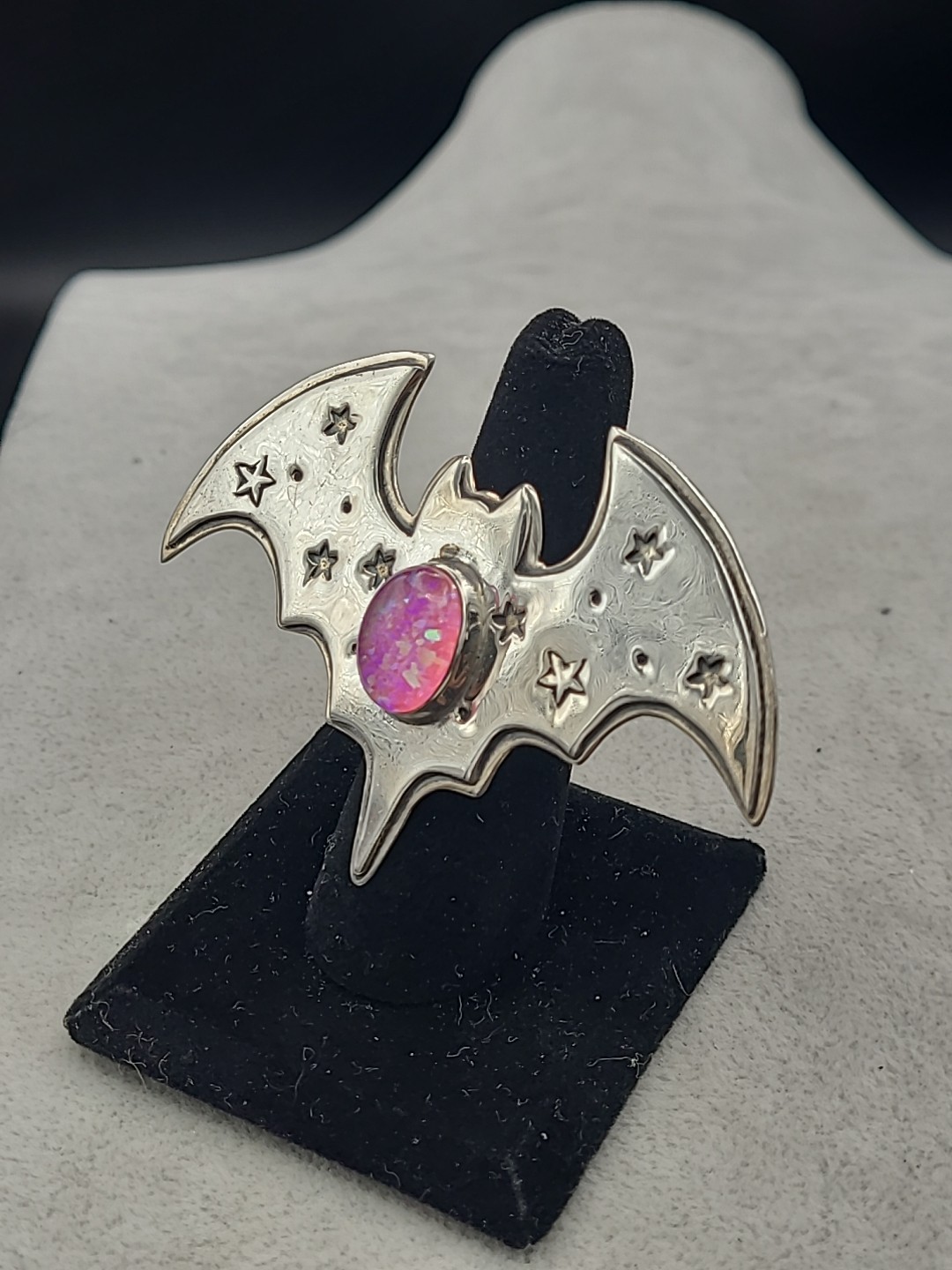 Super Cute! Sterling Silver PINK Lab Opal Bat Ring Size 7 Adjustable!