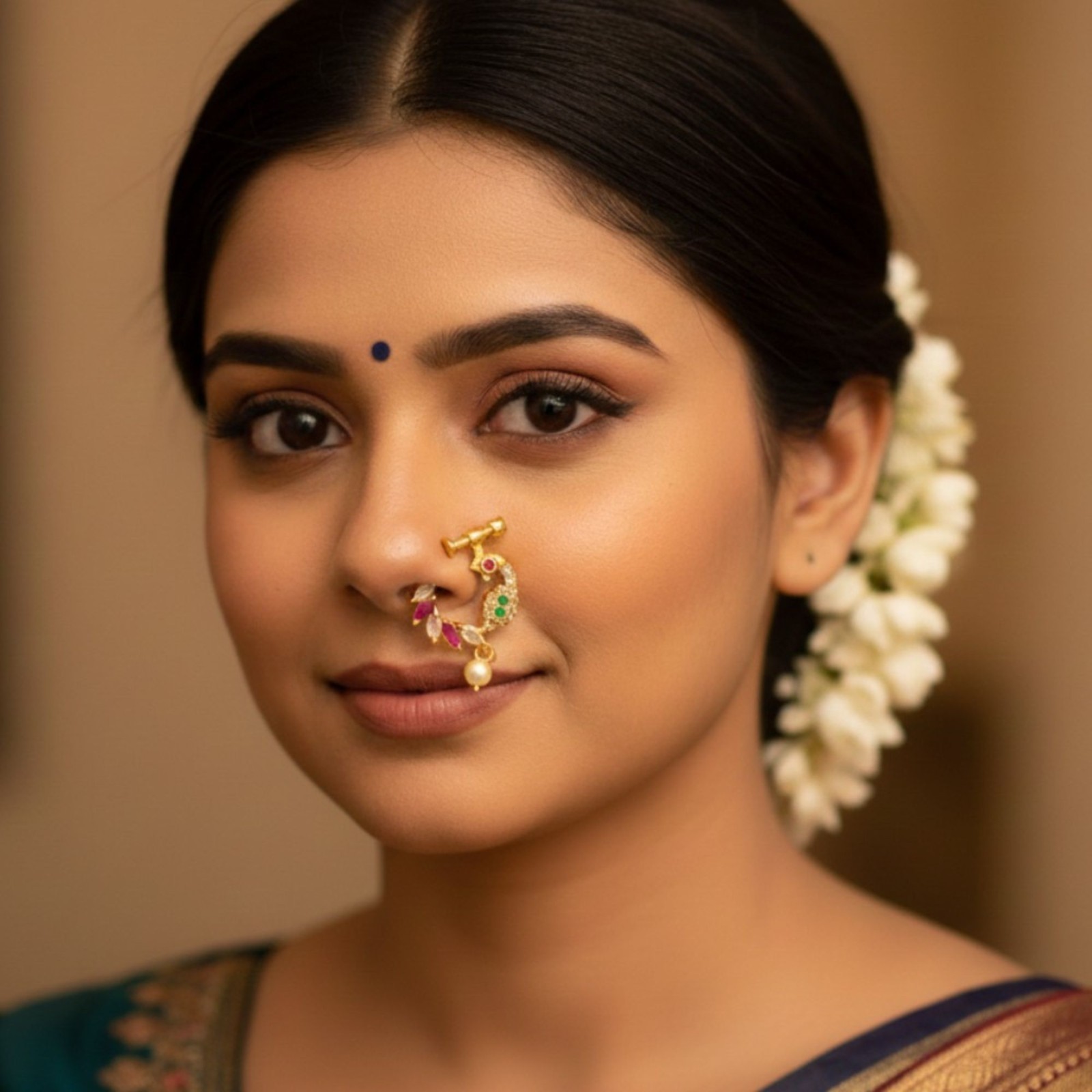 Gold Plated CZ Indian Nose Ring Set: Bridal Nath, Non-Piercing Clip On