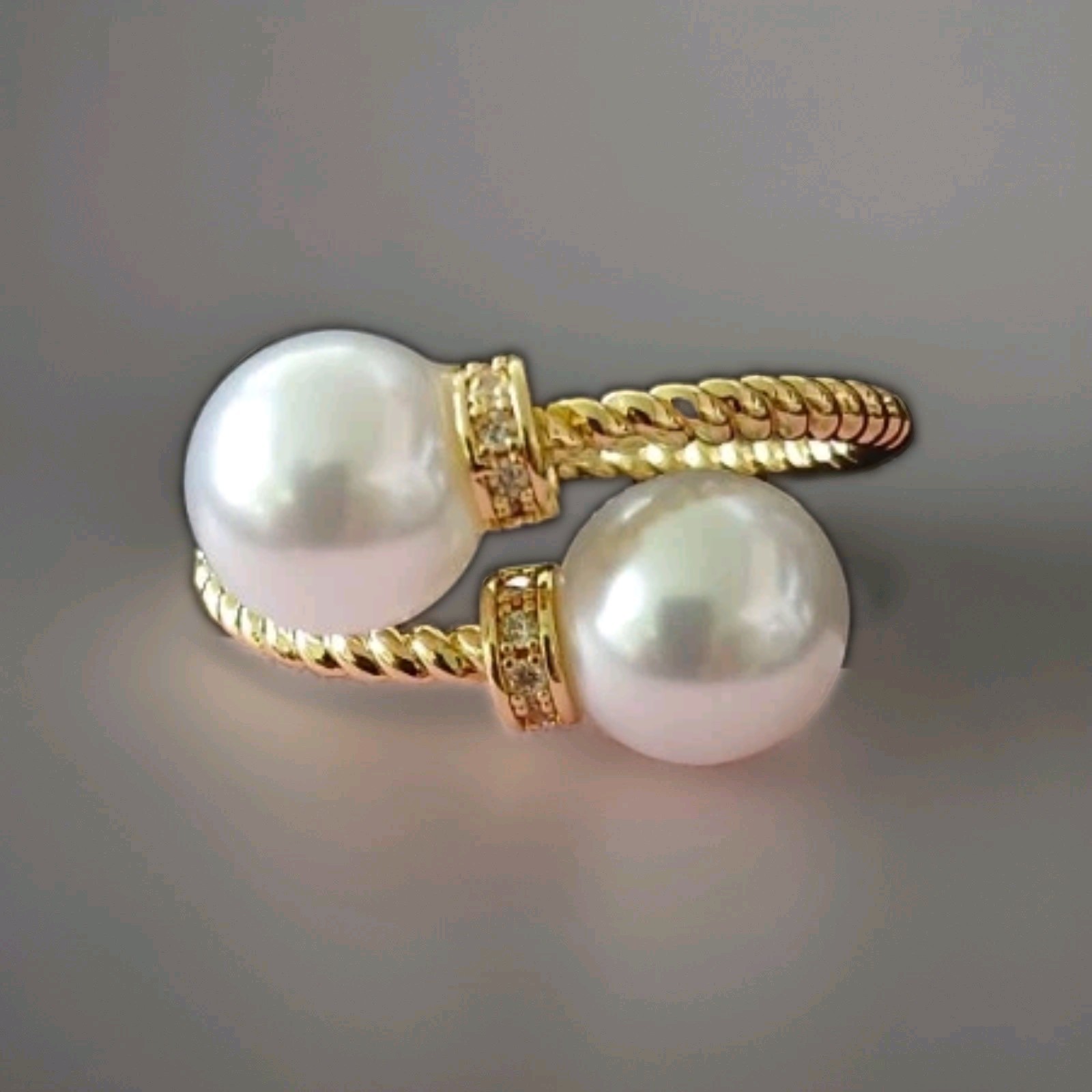 Gold Tone Wrap Open Ring with 2 White Round Imitation Pearls, Adjustable