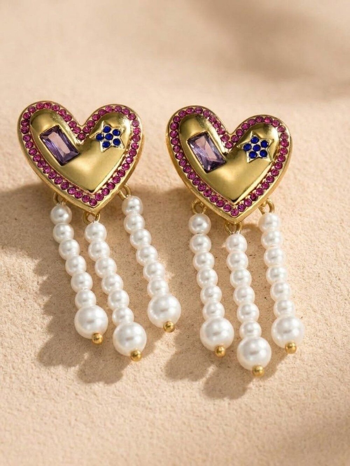 Gold-Tone Patriotic Heart & Pearl Tassel Earrings – 4th of July –Stainless Steel