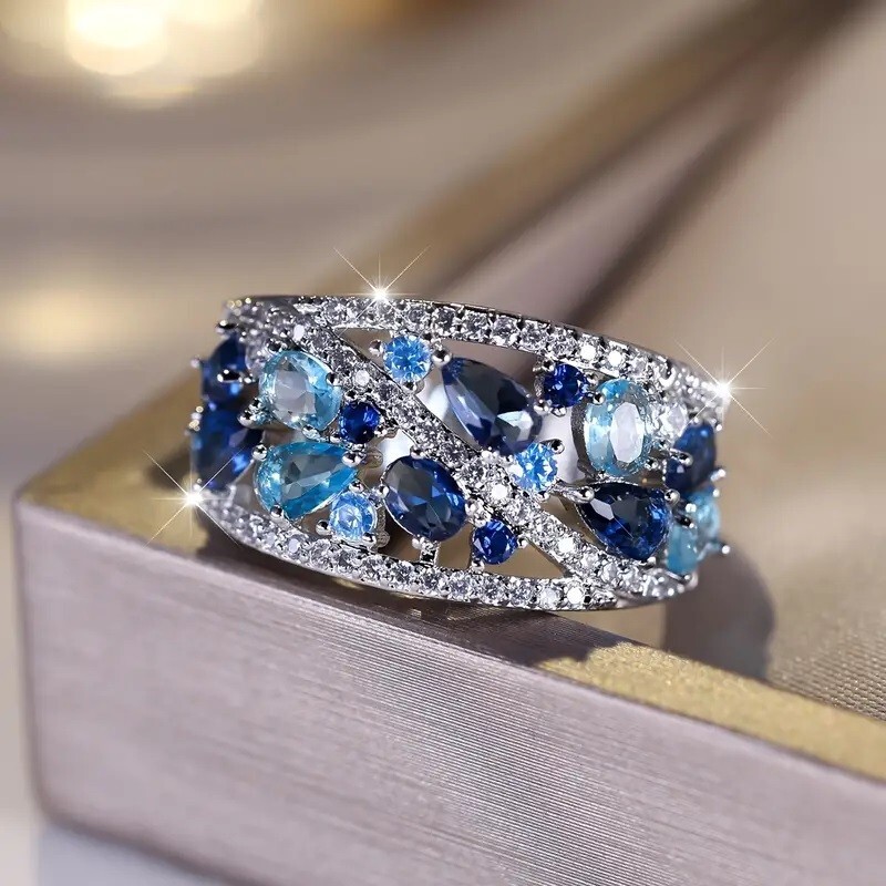 Elegant 925 Sterling Silver Blue White Topaz Wedding Engagement Ring Size 10