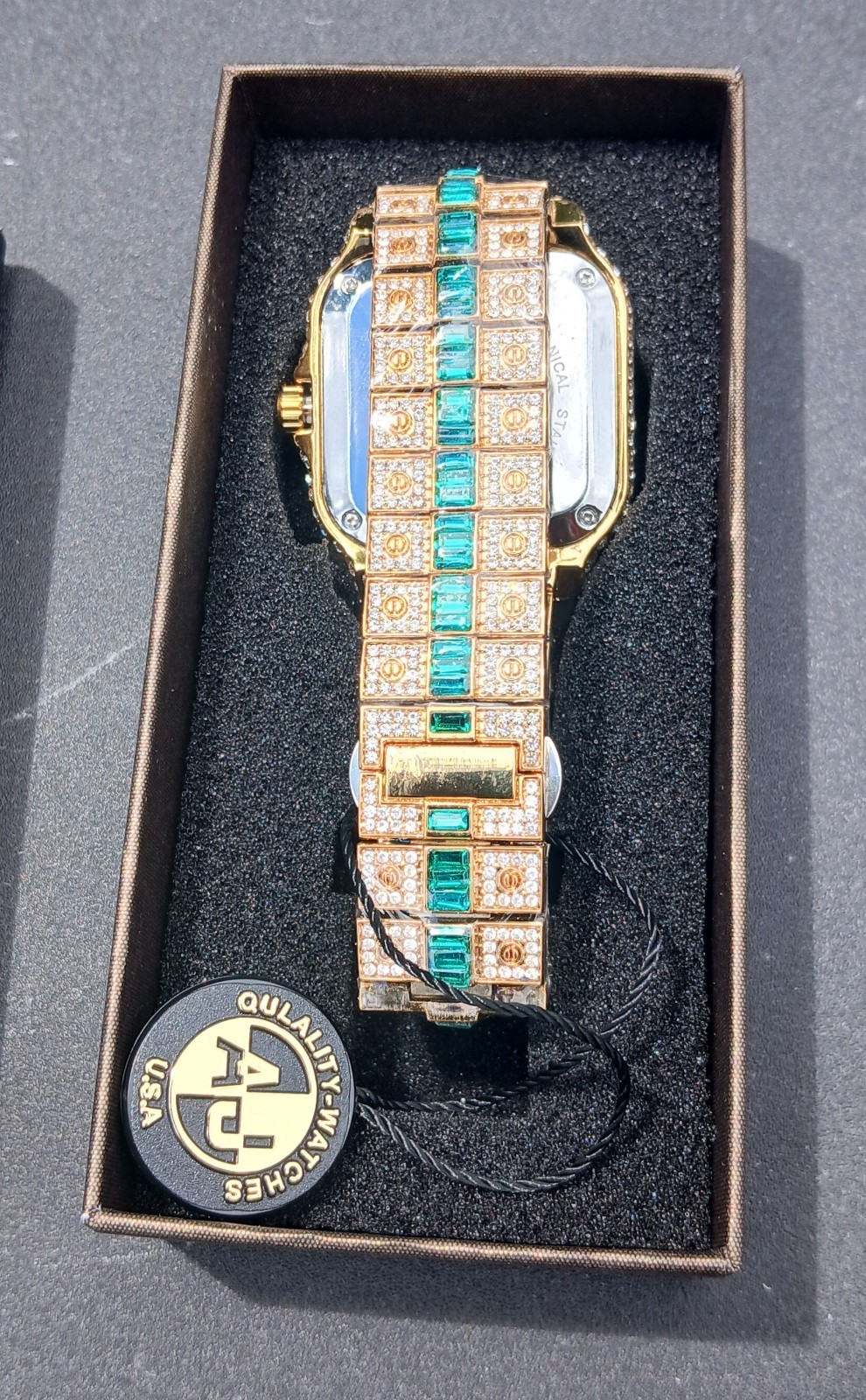 AJ ACCESSORIES 43MM ICED OUT GOLD WATCH WITH GREEN VVSCZ CRYSTALS ARABIC NUMBERS