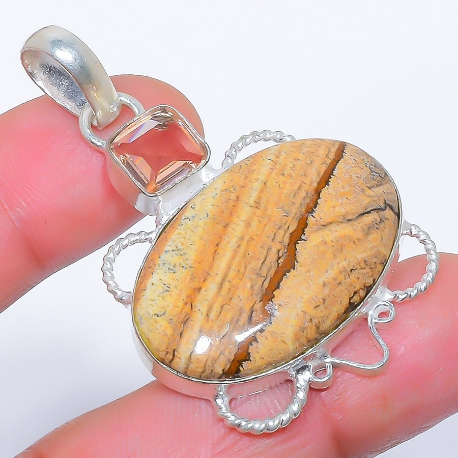 Natural Picture Jasper, Morganite Gemstone 925 Silver Plated Pendant 2.0″ F263