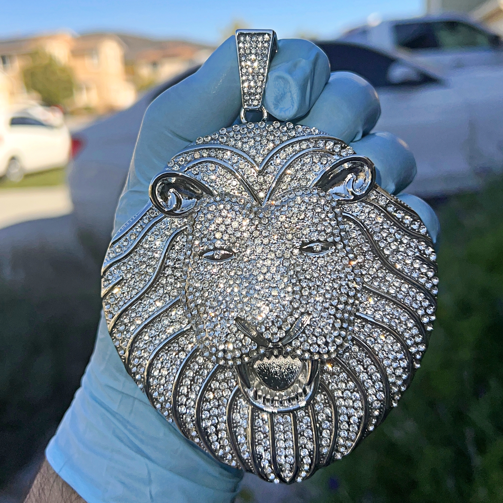 Men Huge Big Lion Head Iced Flooded Out Hip Hop Pendant Simulated CZ Silver Tone