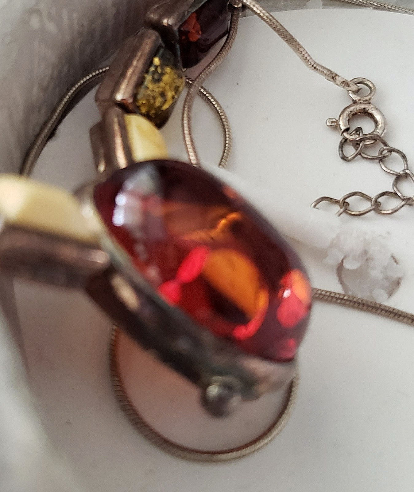 Vintage Baltic Amber Y Drop Necklace 925 Sterling Silver with other stones FAB!