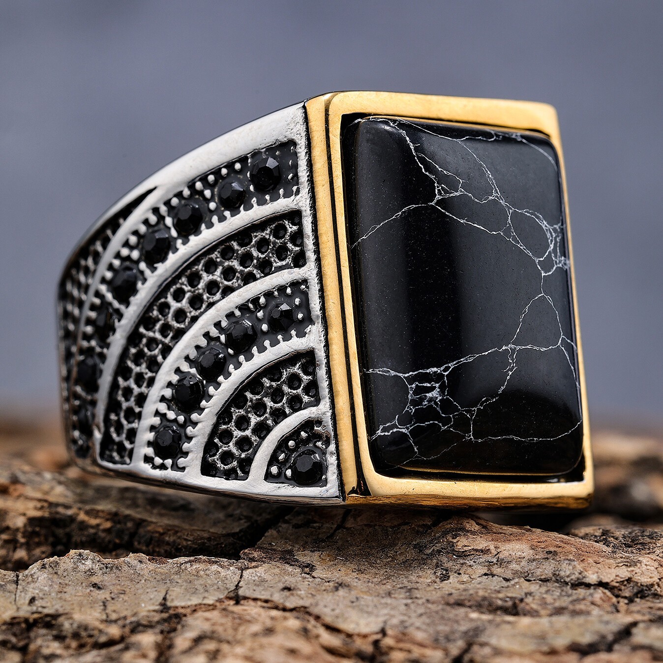 Vintage Stainless Steel Black Turquoise Onyx Ring for Mens Gifts Size 7-15