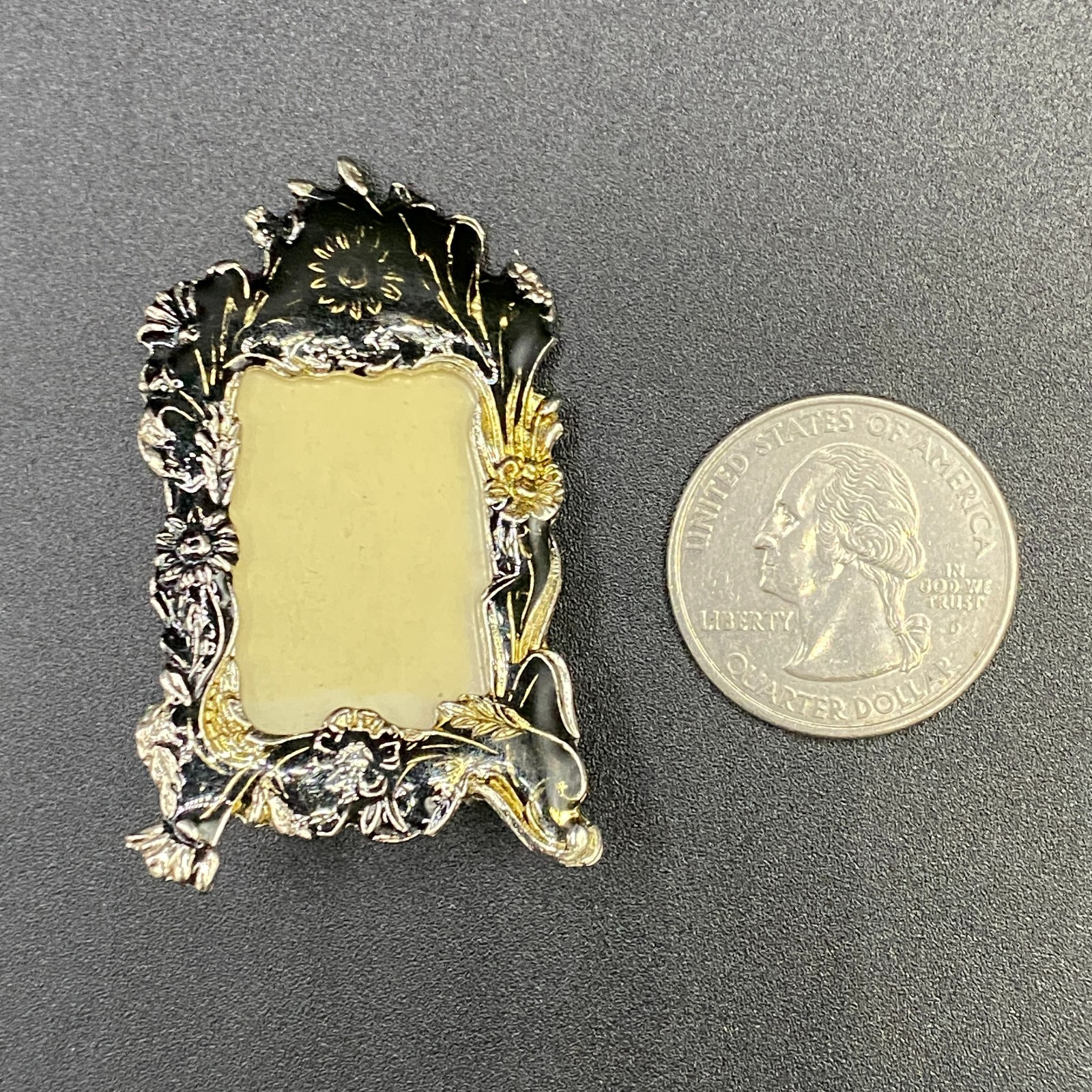 Vintage Miniature Black Silver & Gold Tone Floral Picture Frame Pin Brooch