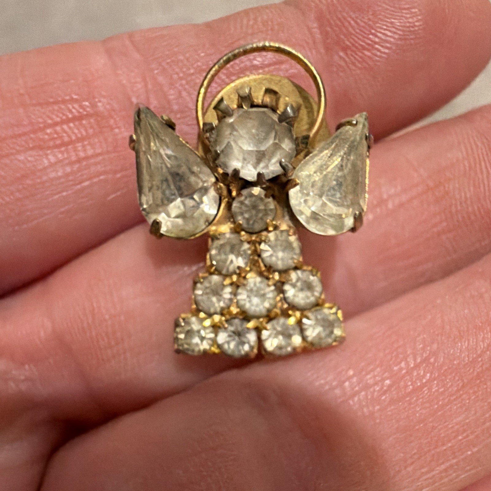 Gold Tone Clear Crystal Rhinestone Angel Pin Brooch, Cluster Setting