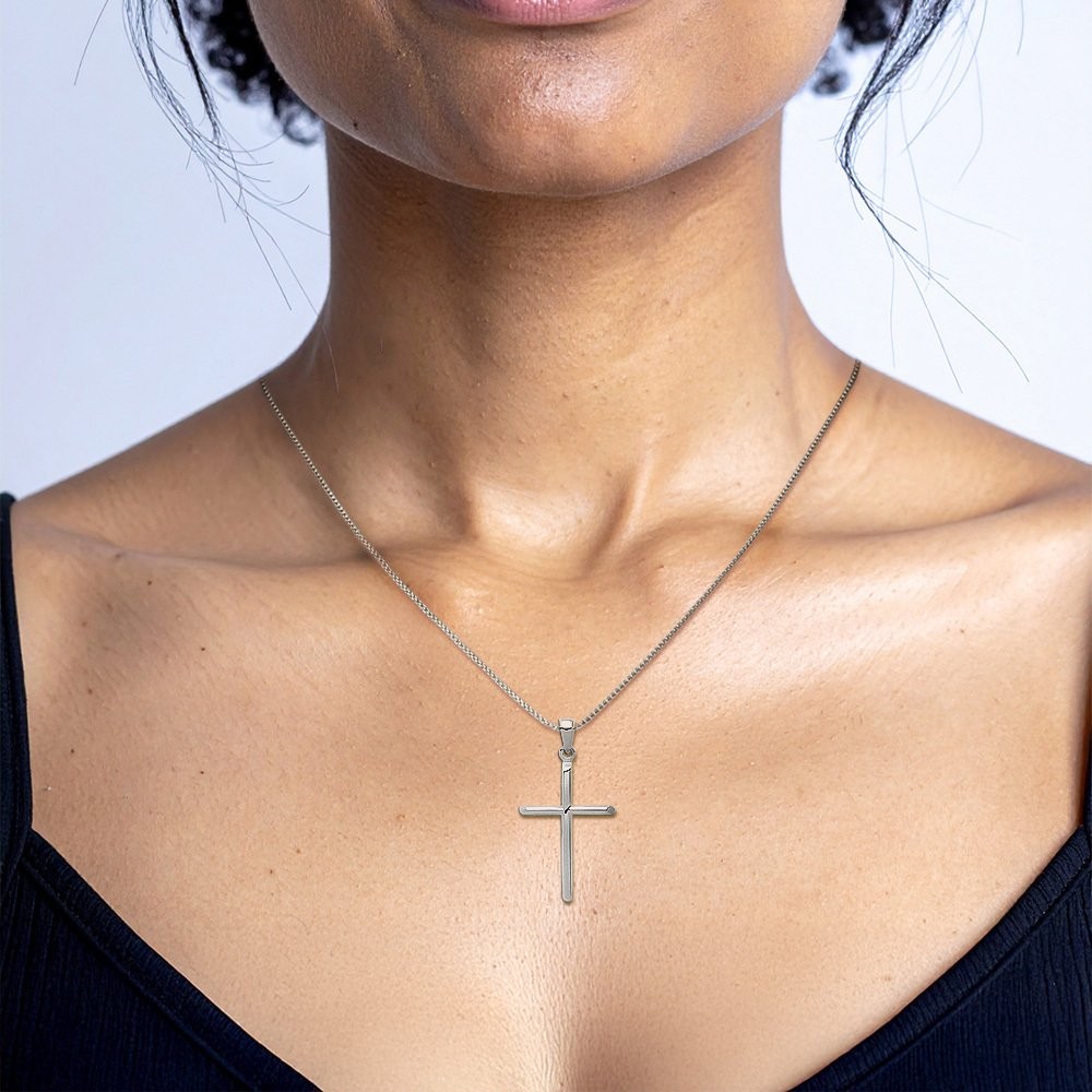 10K Solid White Gold Fleur De Lis Large Tubular Cross Pendant Necklace 35.6mm