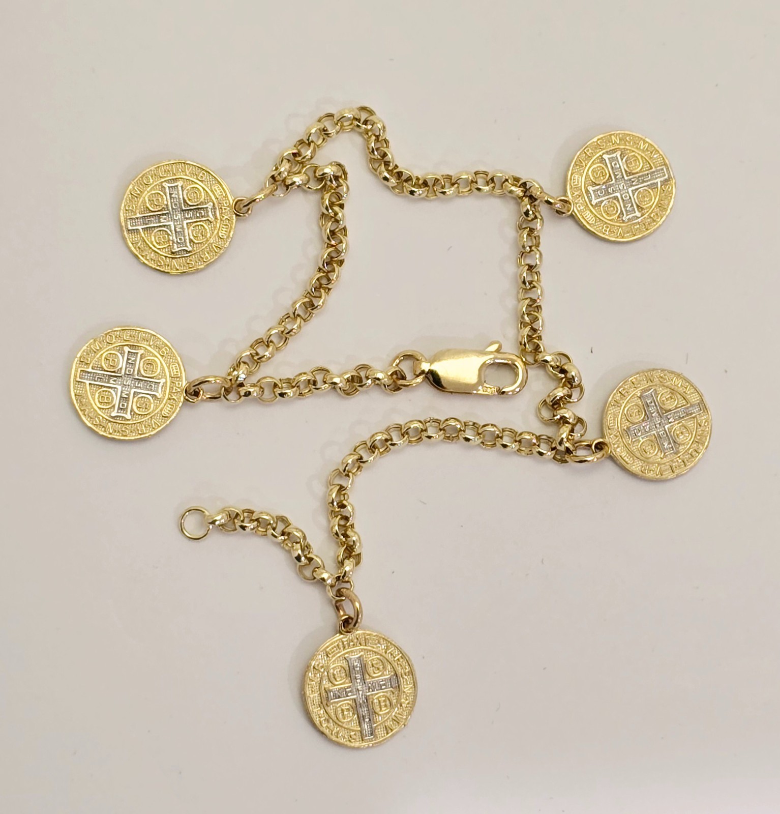 14k 2 Tone Gold San Benito Saint Benedict Rolo Chain Protection Bracelet