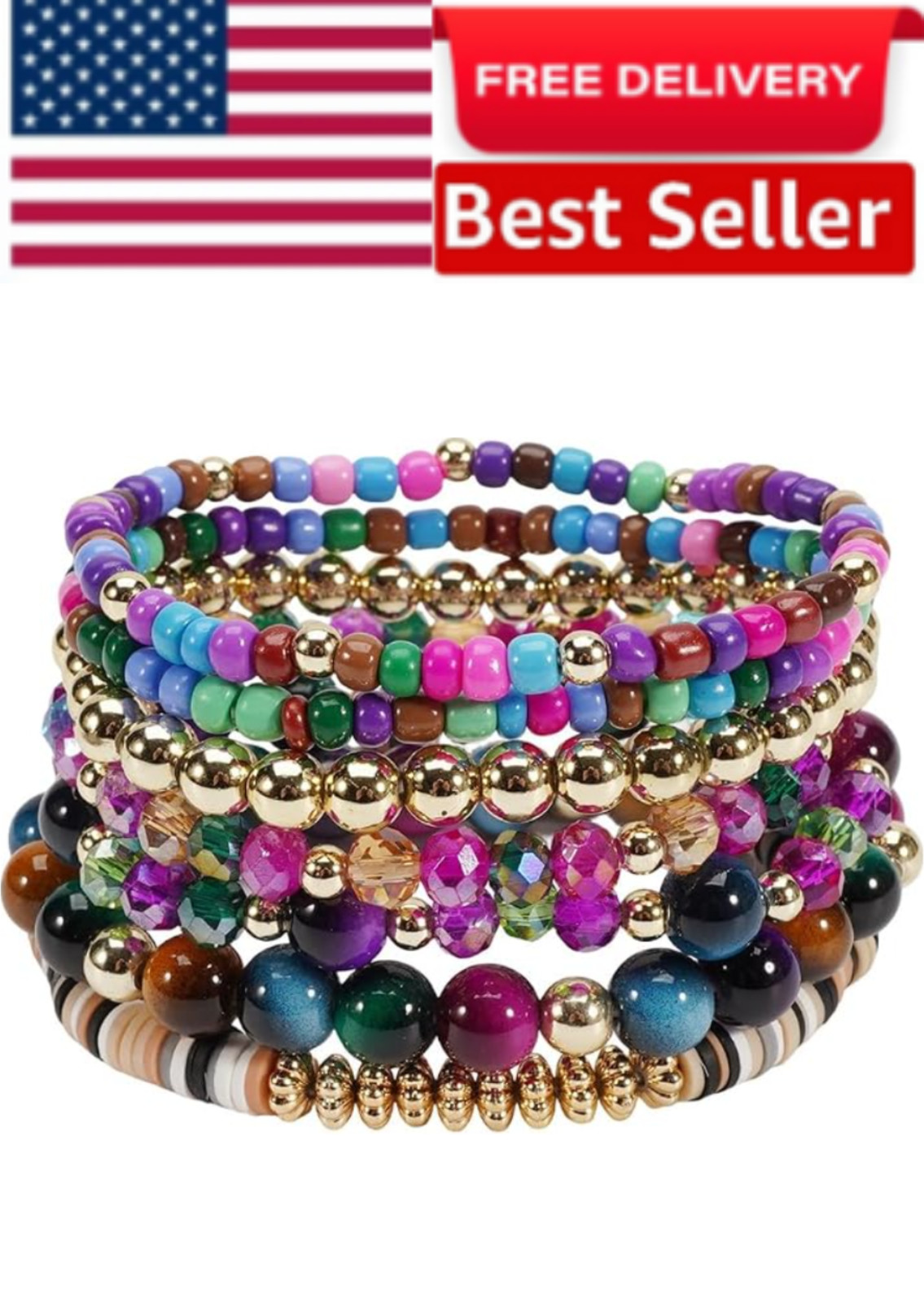 Boho Crystal Beaded Bracelet Set Women Colorful Stackable Multilayer Jewelry