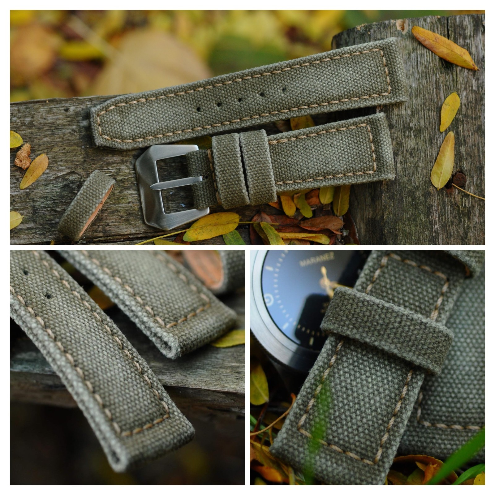 26 mm rugged handcrafted canvas watch strap Olive Green *Ready-Made *US-DutyPaid