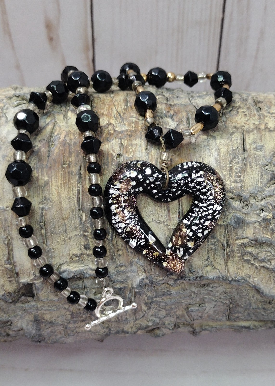 Handmade Black, Silver & Gold Glass Bead Heart Pendant Necklace 17″