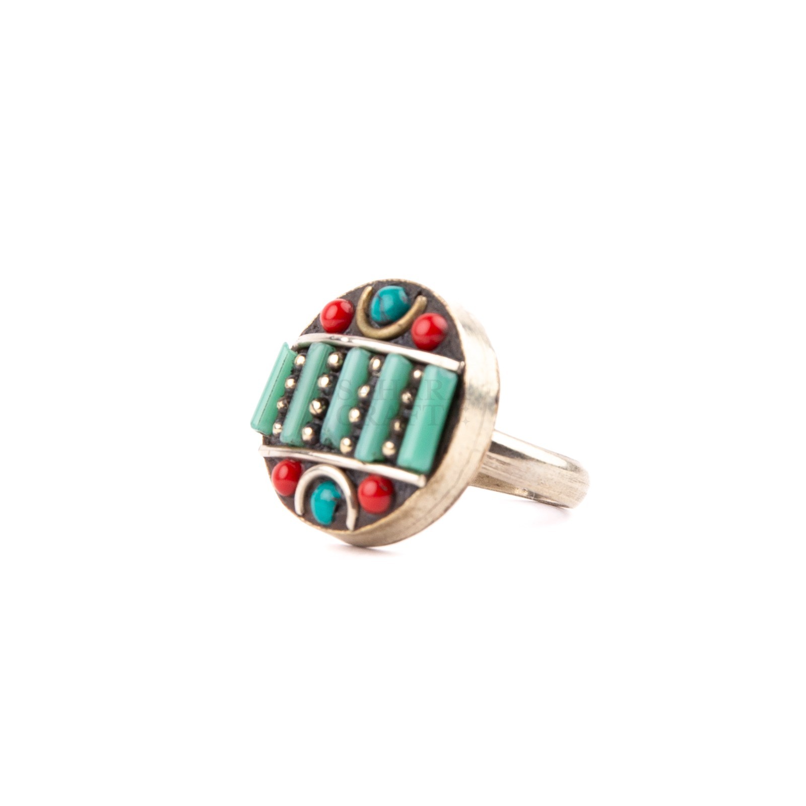 Tibetan Ring, Red Coral Turquoise Beads, Handmade Tribal Ring, Tibetan Bead U9.5
