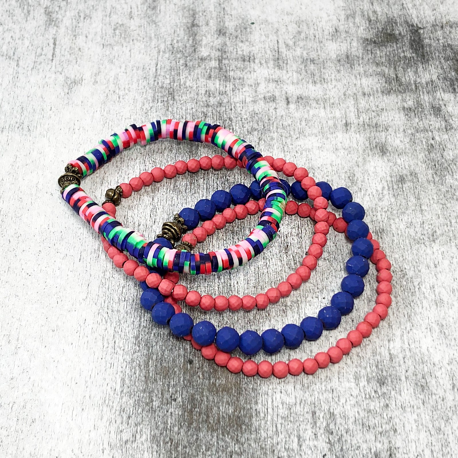 4 Piece Stretch Bracelet Set in Bold Summer Colors of Blue and Pink For Layering