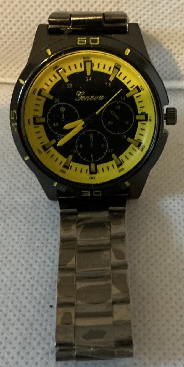 Geneva Men’s Watch Gunmetal Stainless Steel Yellow Accent Chronograph Look Quart