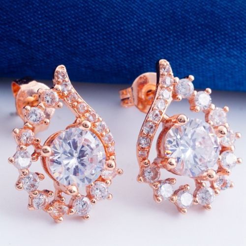 Beautiful New Rose Gold Plated Fancy Round Clear CZ w/Accents Stud Earrings