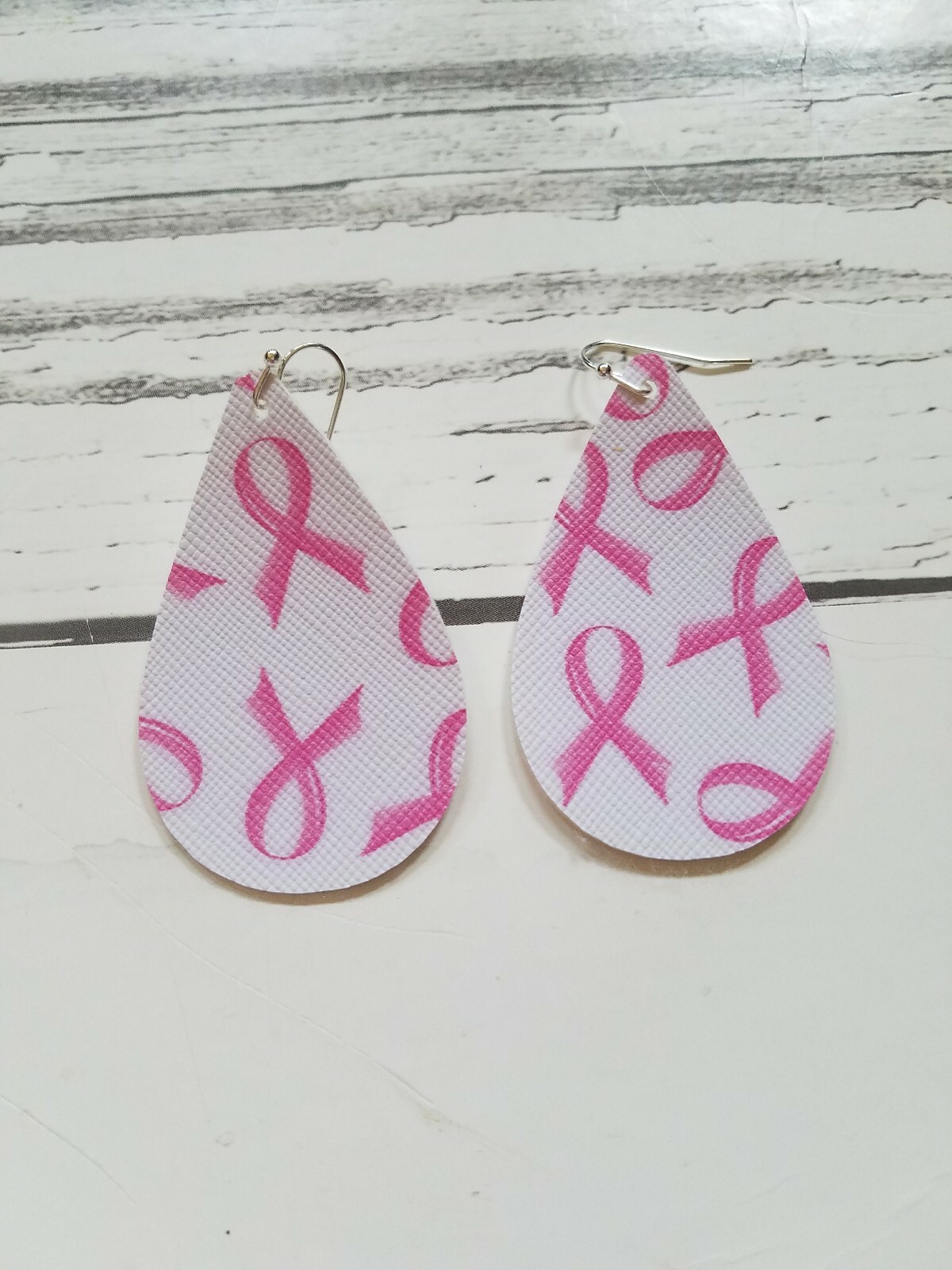 Pink Breast Cancer Ribbon Awareness faux Leather canvas Teardrop Earrings