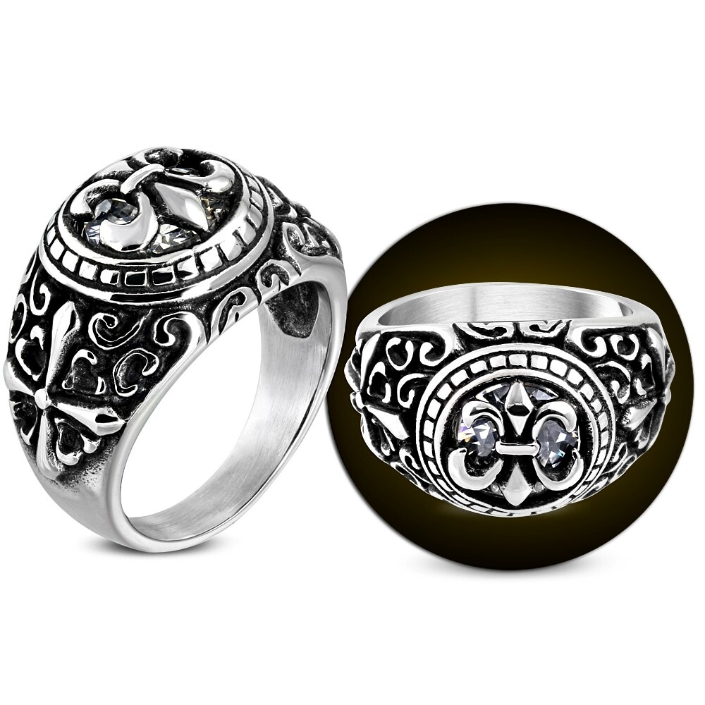 Men’s Steel Embellished Cross Lily Biker Seal Ring Emblem France RMT634